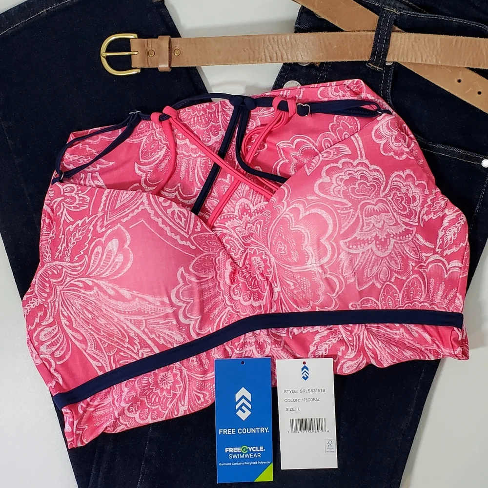 NWOT Free Country Triple Strap Tankini Swim Top - Coral Navy - Large - Picture 7 of 9